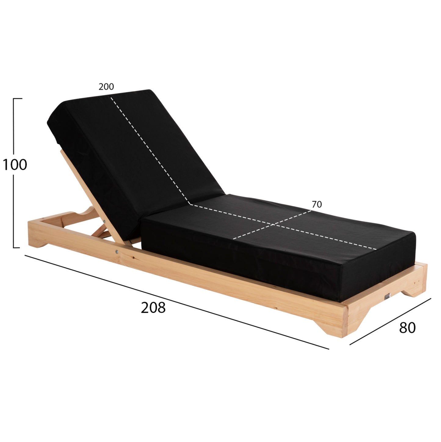 Beach Lounger Low Ikaria Hm10623.01 Pine Wood In Natural Color-black Textilene-cushion 20cm Thick