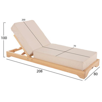 Beach Lounger Low Ikaria Hm10623.02 Pine Wood In Natural Color-beige Textilene-cushion 20cm Thick