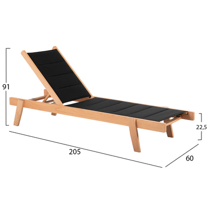 Beach Lounger Milos Hm10650.03 Beech Wood In Natural-black Textilene Cushion Cover 204x65x31,5-92,5h Cm.91hcm.