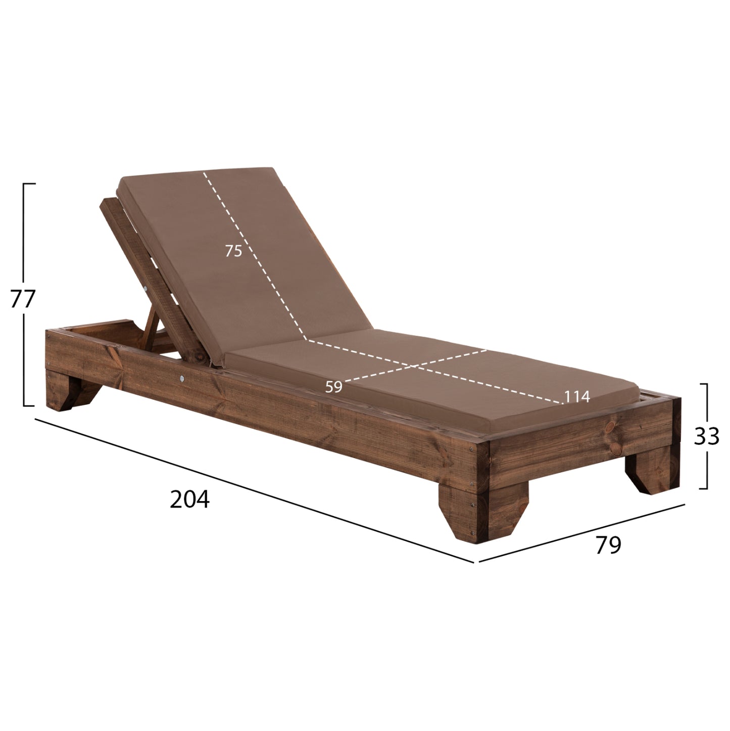 Beach Lounger Korinos Hm10771.04t Pine Wood In Walnut--cushion In Mocha 79x204x77hcm.