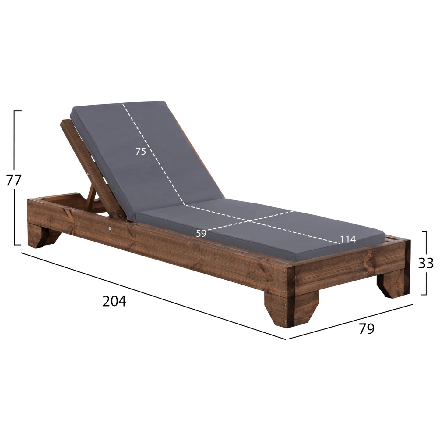 Beach Lounger Korinos Hm10771.30t Pine Wood In Walnut--cushion In Grey 79x204x77hcm.