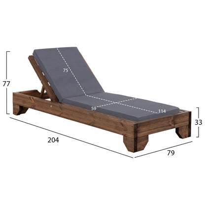 Beach Lounger Korinos Hm10771.30t Pine Wood In Walnut--cushion In Grey 79x204x77hcm.