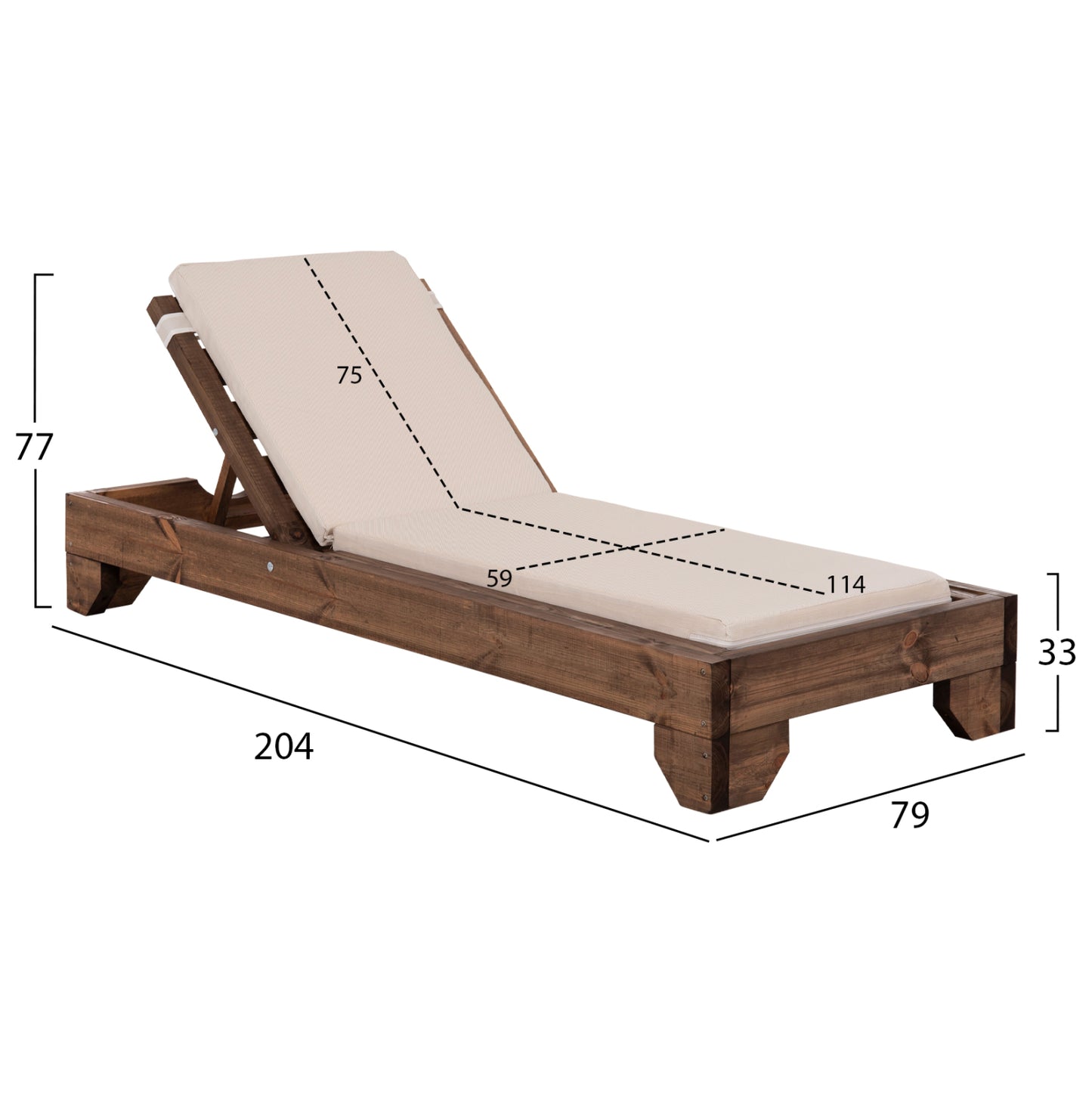 Beach Lounger Korinos Hm10771.60t Pine Wood In Walnut--cushion In Beige 79x204x77hcm.