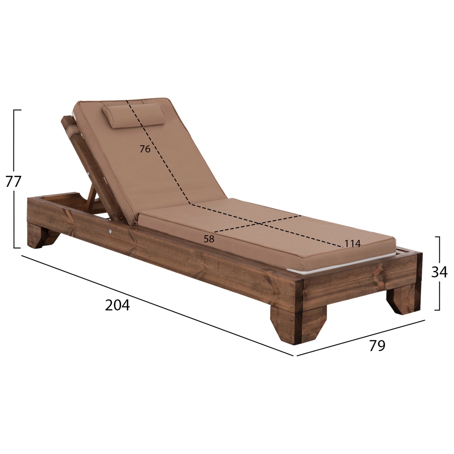 Beach Lounger Korinos Hm10772.04t Pine Wood In Walnut--cushion In Mocha 79x204x77hcm.