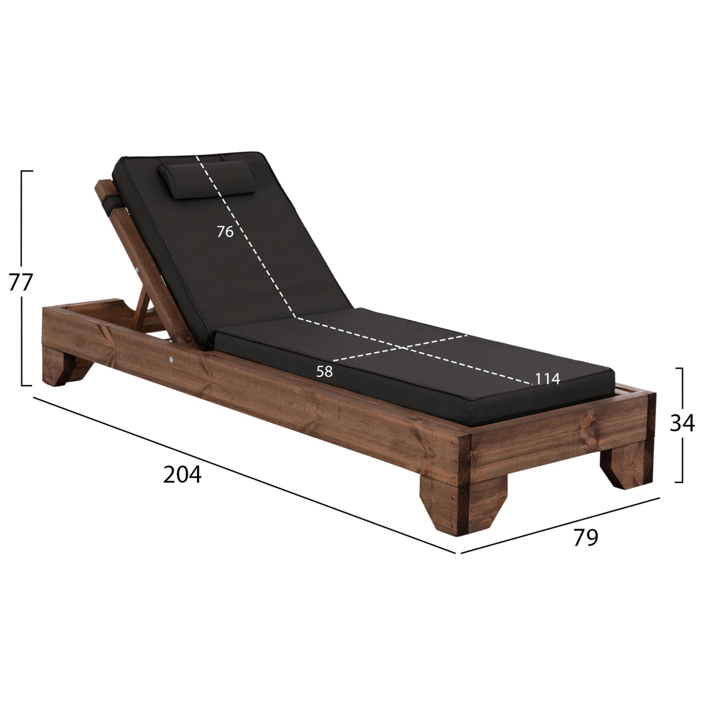 Beach Lounger Korinos Hm10772.05t Pine Wood In Walnut--cushion In Black 79x204x77hcm.
