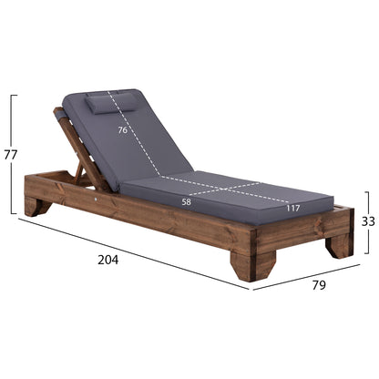 Beach Lounger Korinos Hm10772.30t Pine Wood In Walnut--cushion In Grey 79x204x77hcm.
