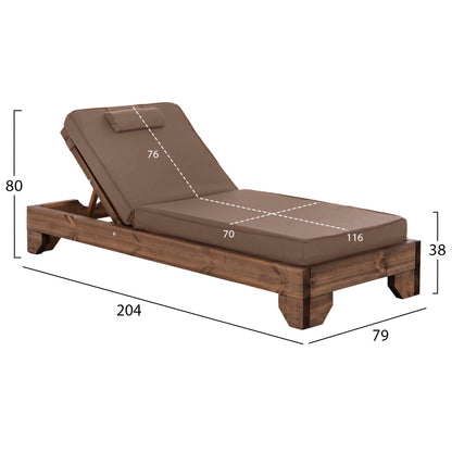 Beach Lounger Korinos Hm10773.04t Pine Wood In Walnut--cushion In Mocha 79x204x80hcm.