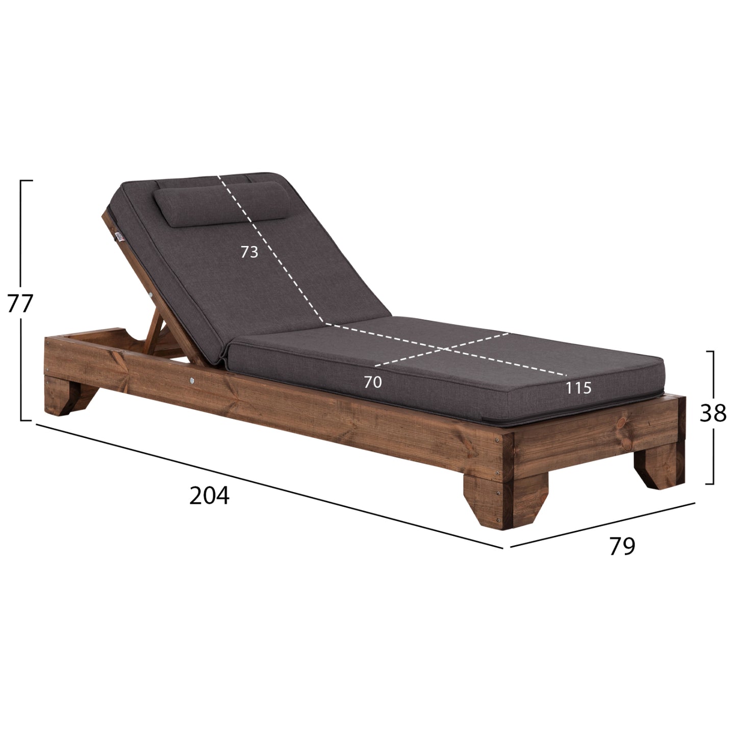 Beach Lounger Korinos Hm10774.73 Pine Wood In Walnut--olefin Cushion In Grey 79x204x77hcm.