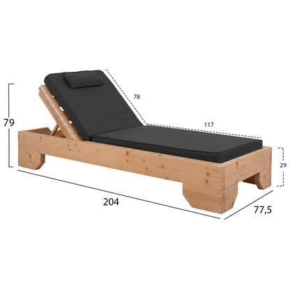 Beach Lounger Makedonia Hm12112 Pine Wood In Natural--cushion In Black 77.5x204x79hcm.