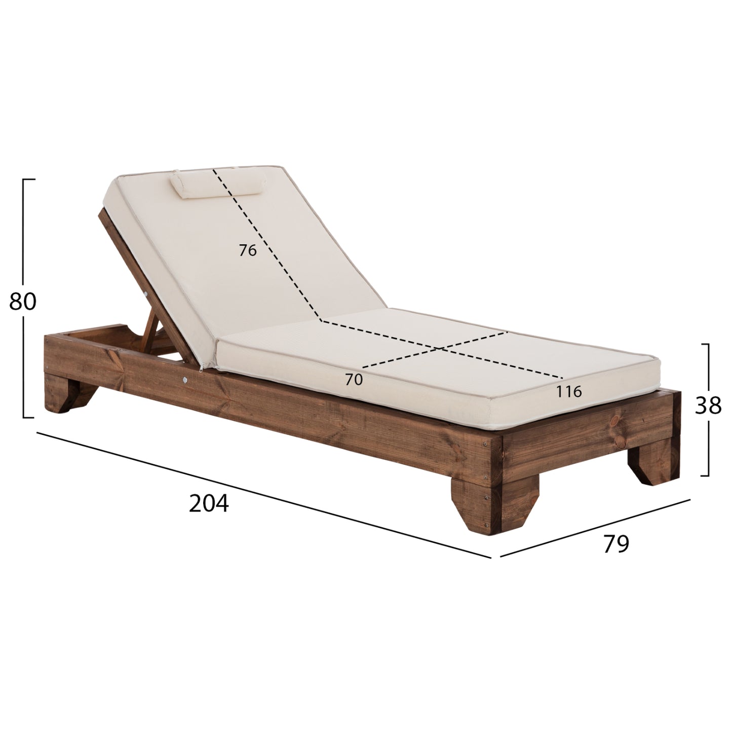 Beach Lounger Korinos Hm10773.60t Pine Wood In Walnut--cushion In Cream 79x204x80hcm.