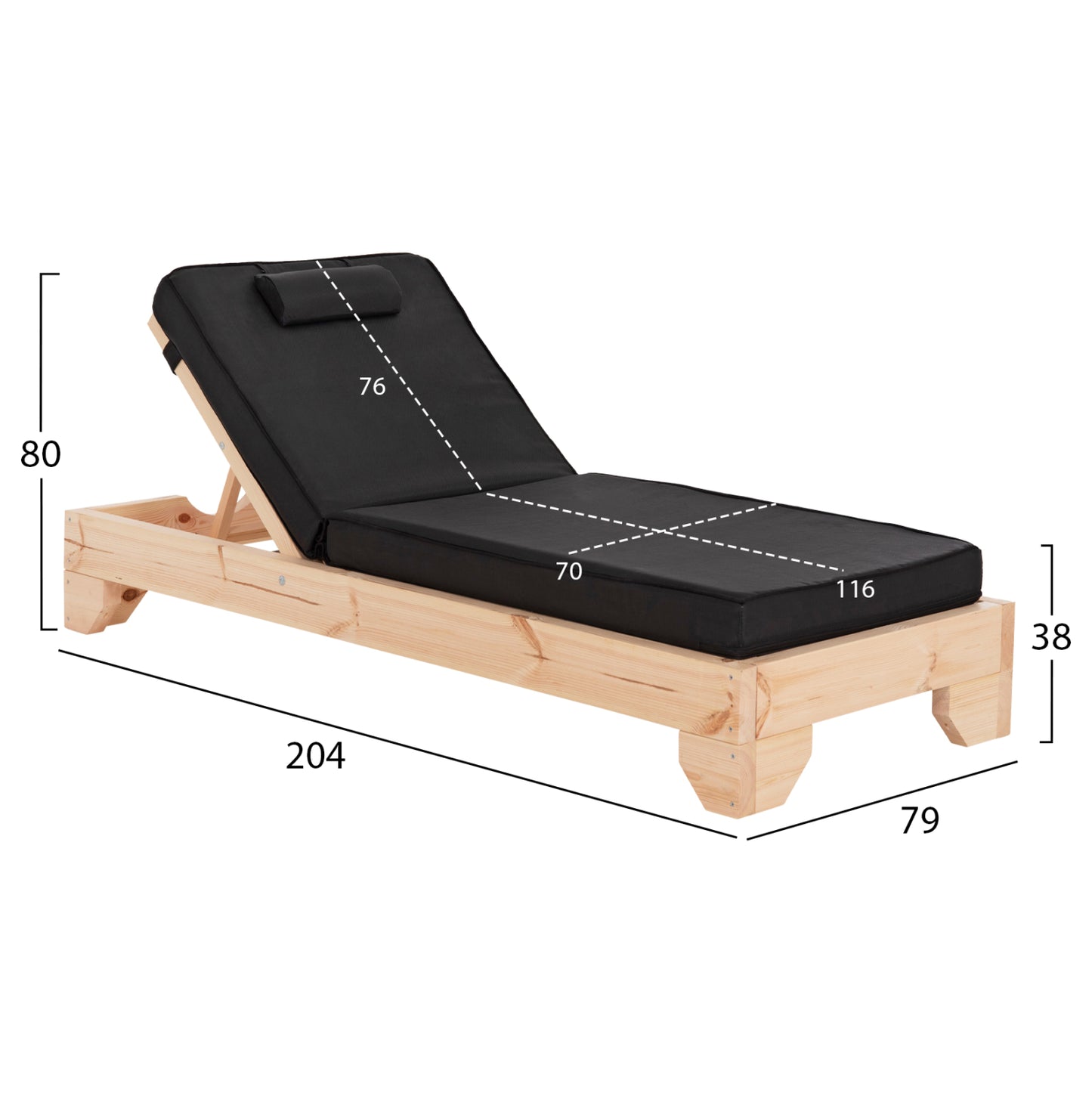 Beach Lounger With Cushion Korinos Hm10777.05t Pine Wood--textilene Cover In Black 79x204x80hcm.