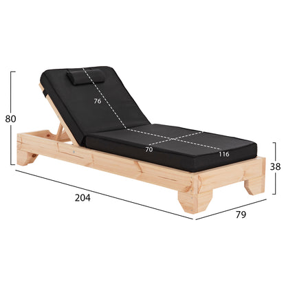 Beach Lounger With Cushion Korinos Hm10777.05t Pine Wood--textilene Cover In Black 79x204x80hcm.