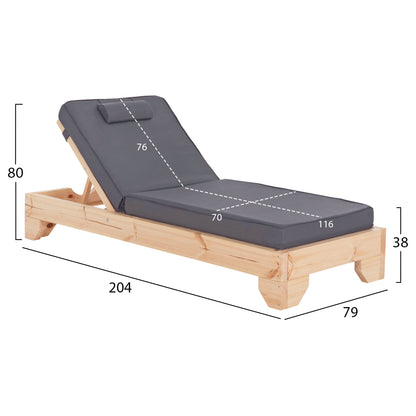Beach Lounger With Cushion Korinos Hm10777.30t Pine Wood--textilene Cover In Grey 79x204x80hcm.