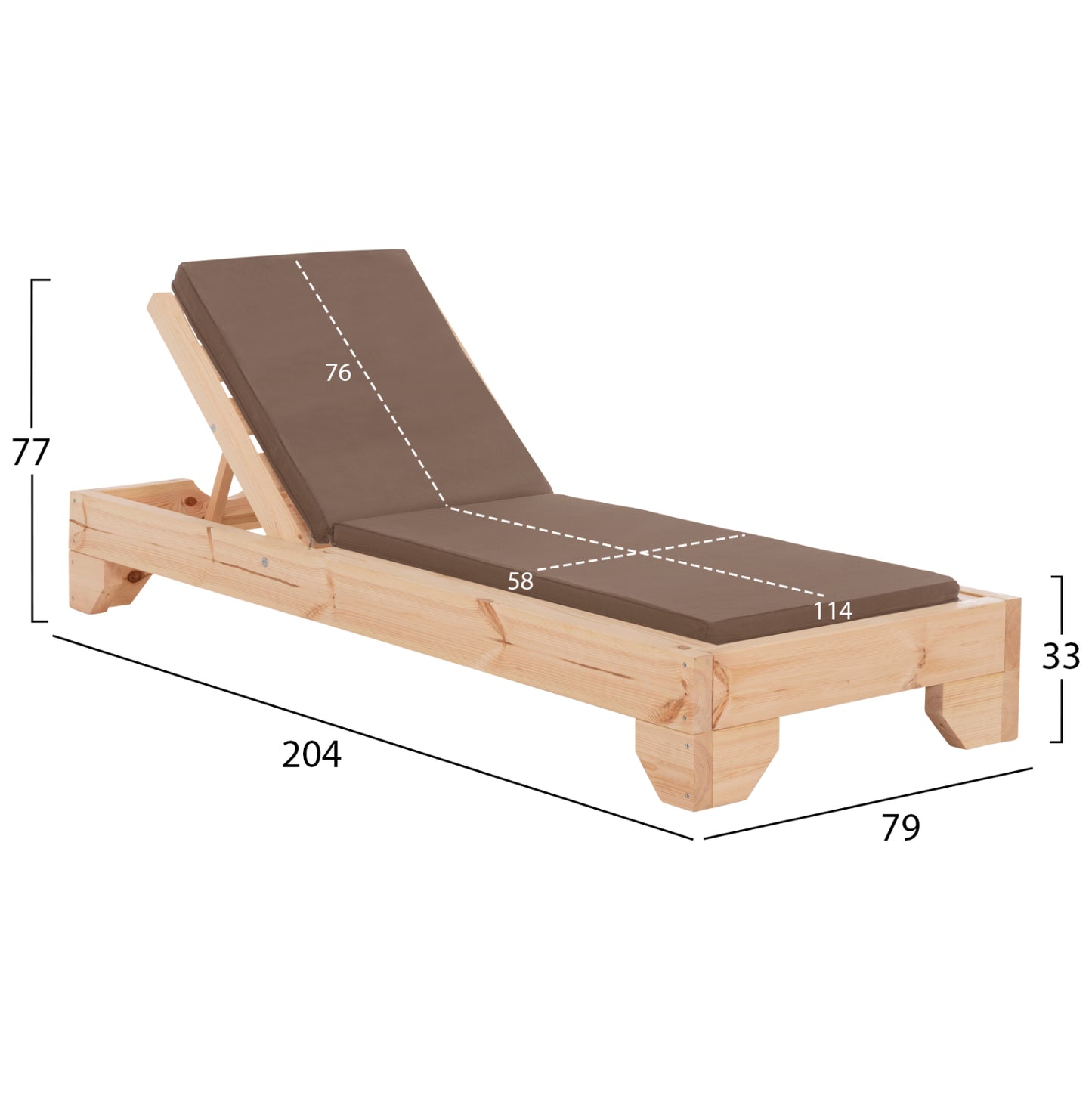 Beach Lounger With Cushion Korinos Hm10775.04t Pine Wood--textilene Cover In Mocha 79x204x77hcm.