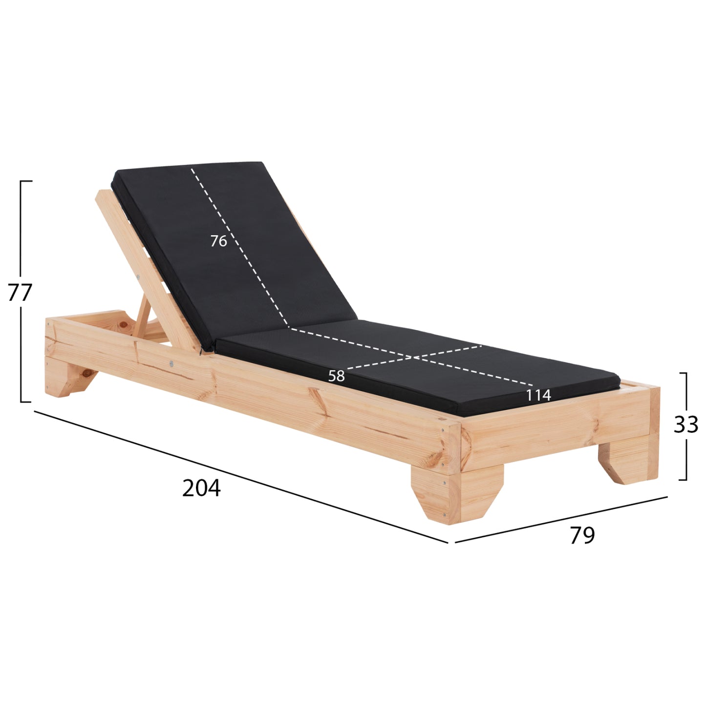 Beach Lounger With Cushion Korinos Hm10775.05t Pine Wood--textilene Cover In Black 79x204x77hcm.