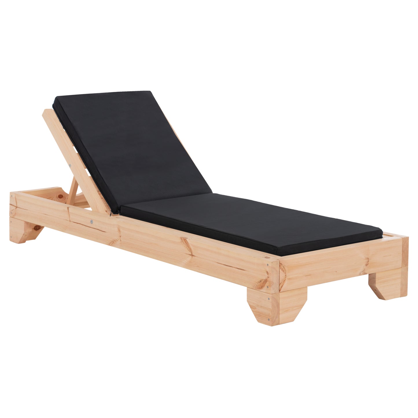 Beach Lounger With Cushion Korinos Hm10775.05t Pine Wood--textilene Cover In Black 79x204x77hcm.