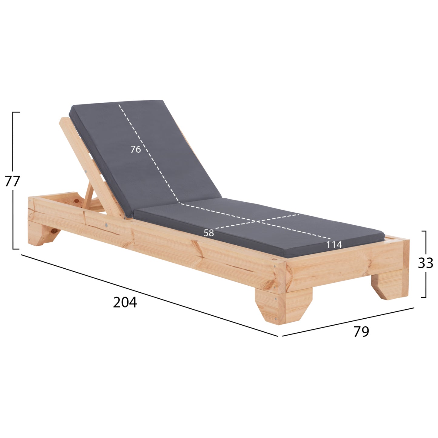 Beach Lounger With Cushion Korinos Hm10775.30t Pine Wood--textilene Cover Grey 79x204x77hcm.