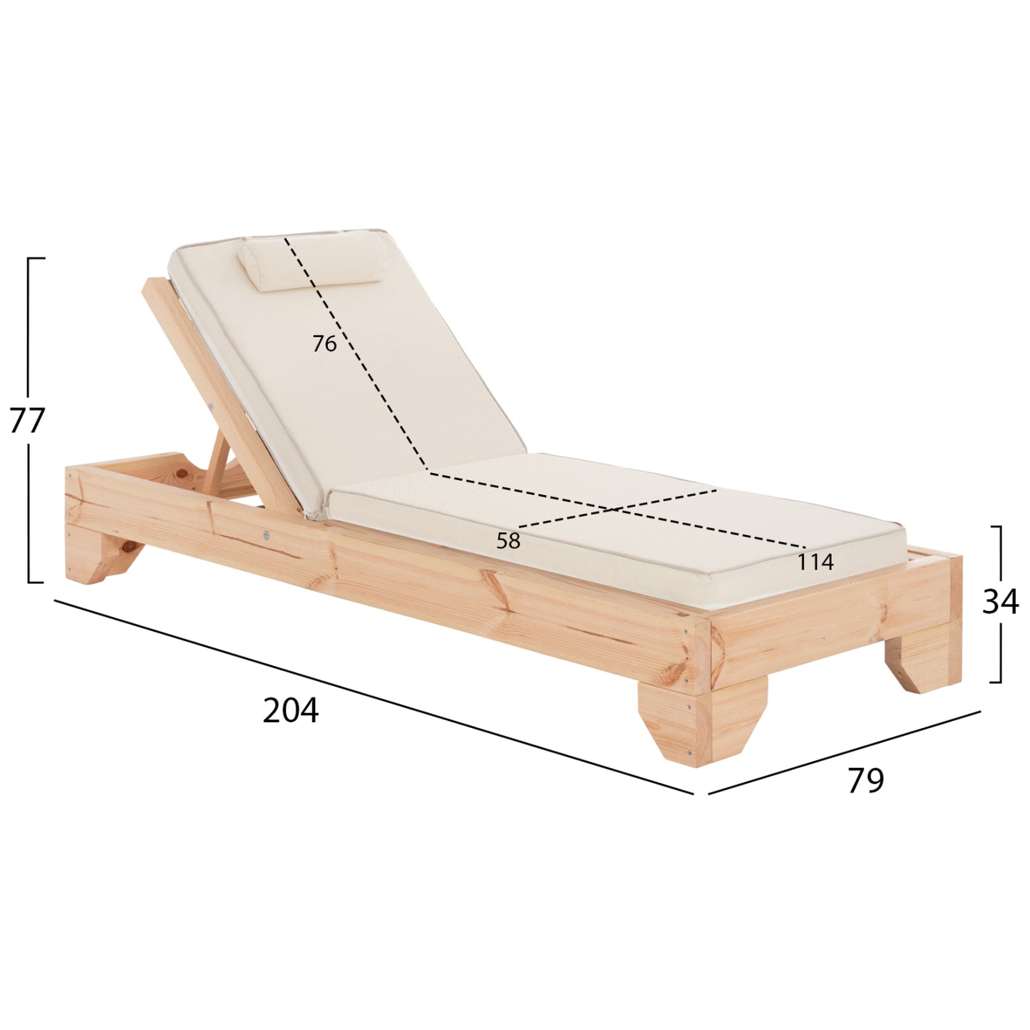 Beach Lounger With Cushion Korinos Hm10776.60t Pine Wood--textilene Cover In Cream 79x204x77hcm.