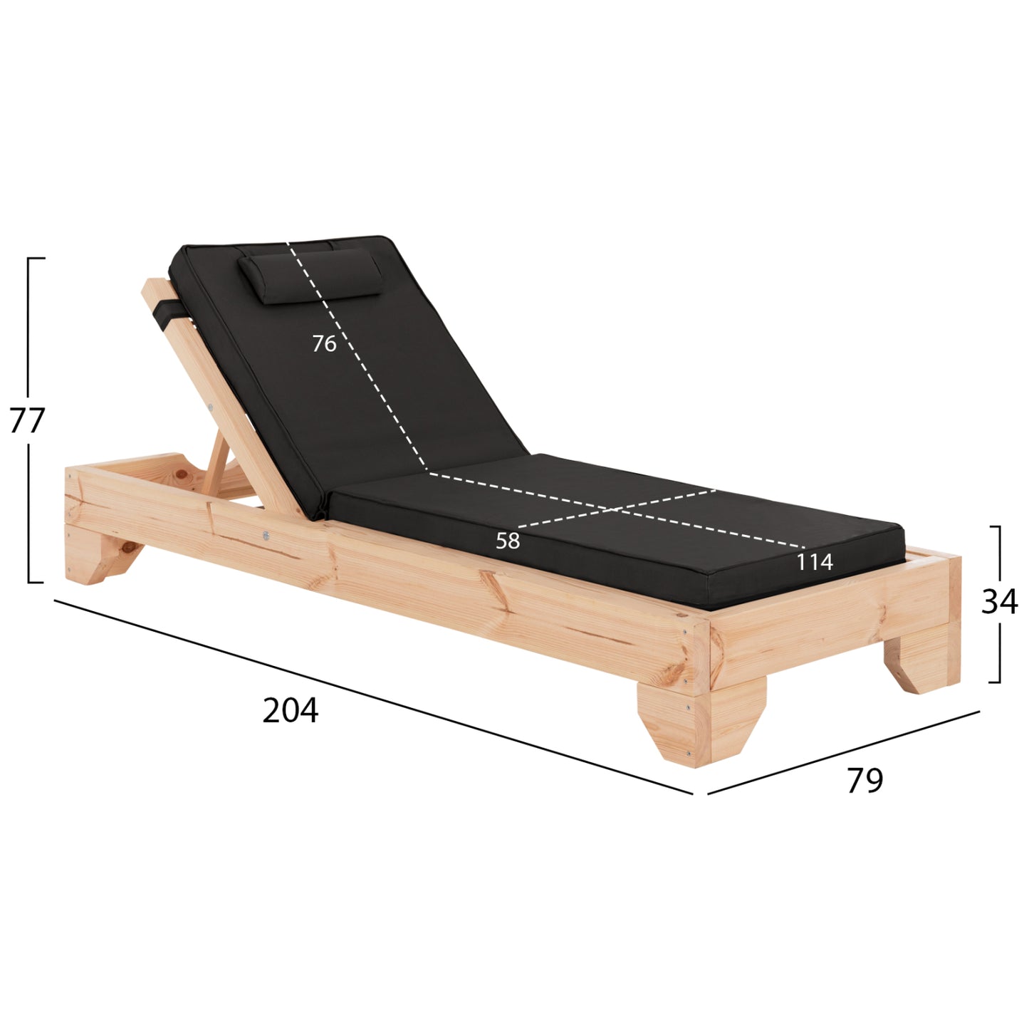 Beach Lounger With Cushion Korinos Hm10776.05t Pine Wood--textilene Cover In Black 79x204x77hcm.