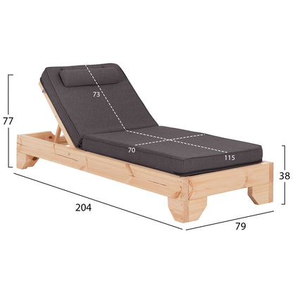 Beach Lounger With Cushion Korinos Hm10778.73 Pine Wood--olefin Cover In Grey 79x204x77hcm.
